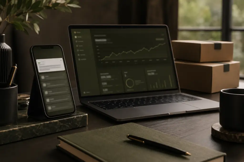 Affiliate marketing workspace showing a referral dashboard on a laptop, smartphone notifications and parcel boxes representing the Stealth Peptides affiliate programme.